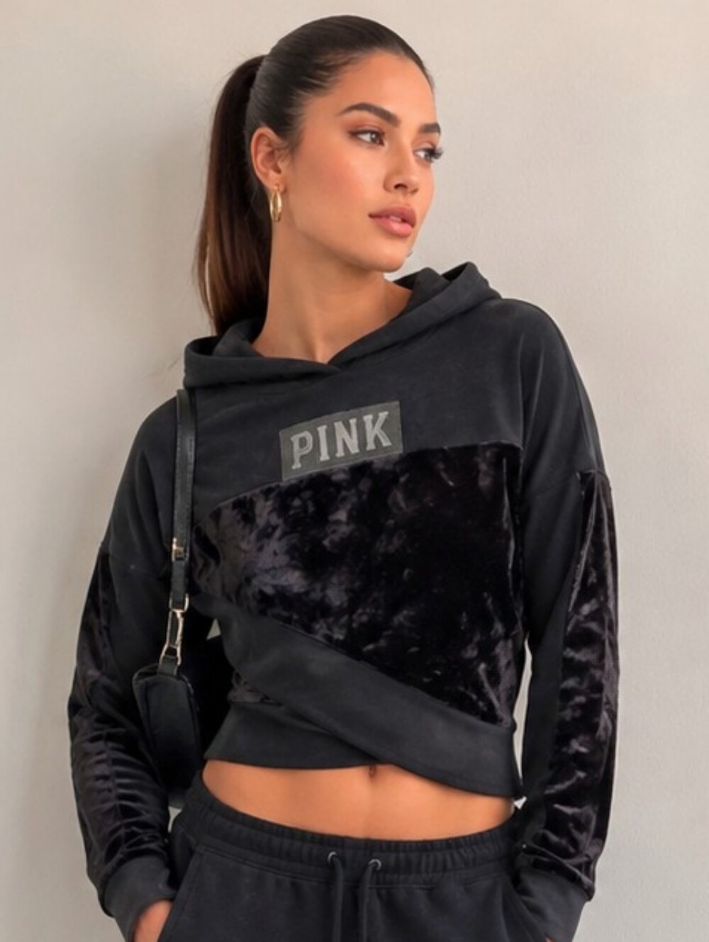 PINK Victoria’s Secret Black Cropped Velour Hoodie Sweatshirt Size S
